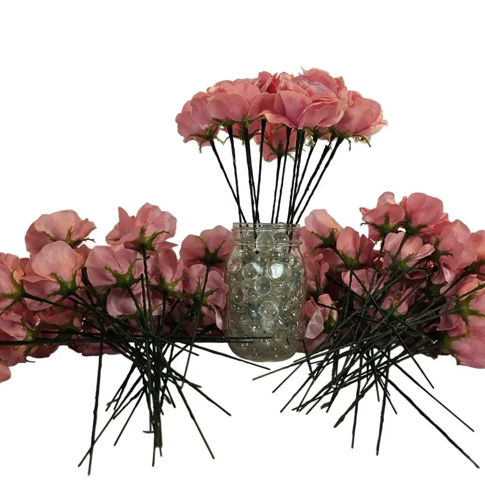Pink Satin Open Rose Stems Artificial Flowers Wedding Craft 2.5